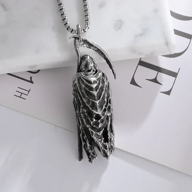 Gothic Vintage Reaper\\\\'s Scythe Necklace Life Ghost Devil Pendant Men\\\\'s Personality Halloween Trend Charm Jewelry Gift