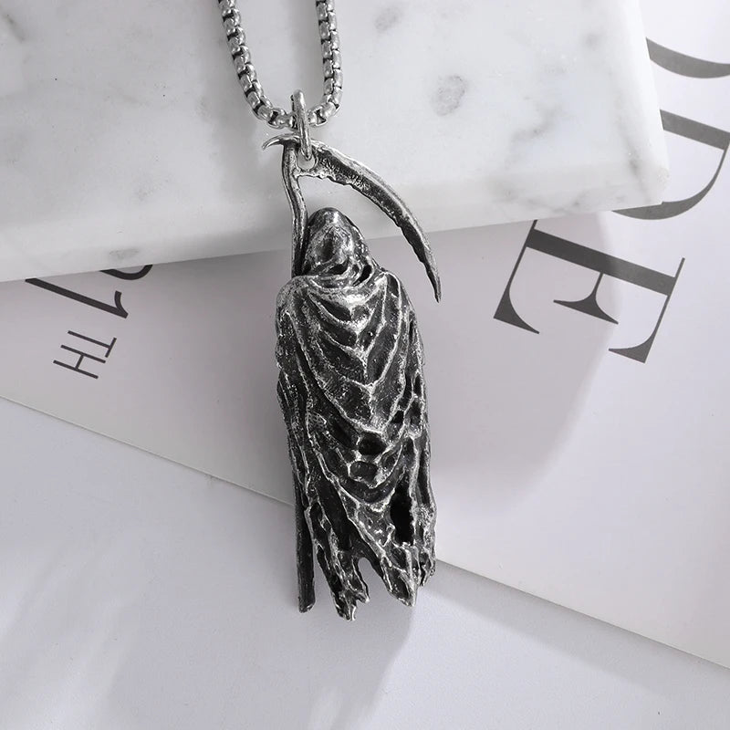 Gothic Vintage Reaper\\\\'s Scythe Necklace Life Ghost Devil Pendant Men\\\\'s Personality Halloween Trend Charm Jewelry Gift