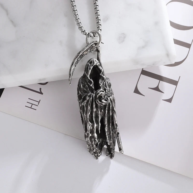Gothic Vintage Reaper\\\\'s Scythe Necklace Life Ghost Devil Pendant Men\\\\'s Personality Halloween Trend Charm Jewelry Gift