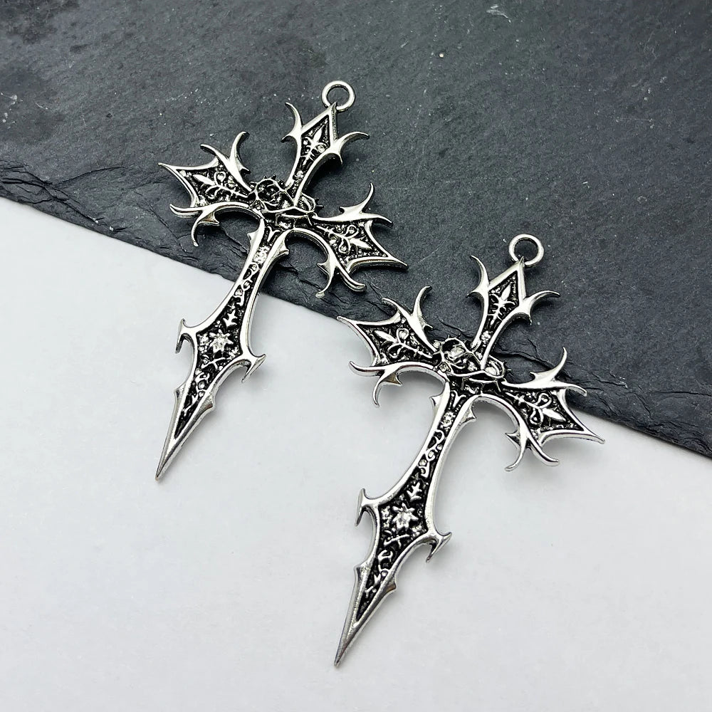 2pcs New Gothic Punk Double Sided Cross Pendant Vintage Ethnic Pattern Alloy Exaggerated Statement Necklace for Women Men