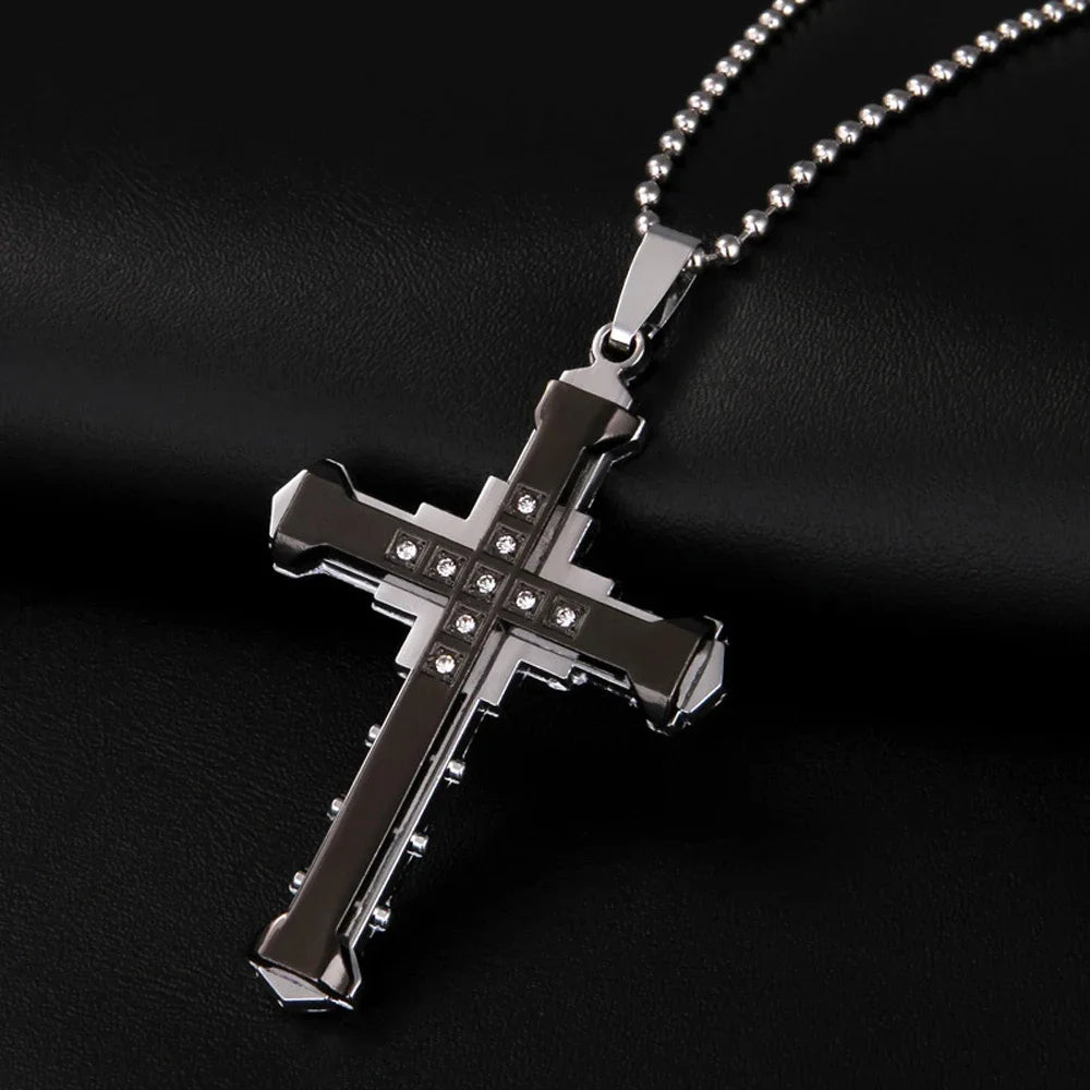 New Male Crystal Cross Jesus Pendant Gold/Black/Blue Color Zirconia Cross Pendant Necklace Stainless Steel Jewelry