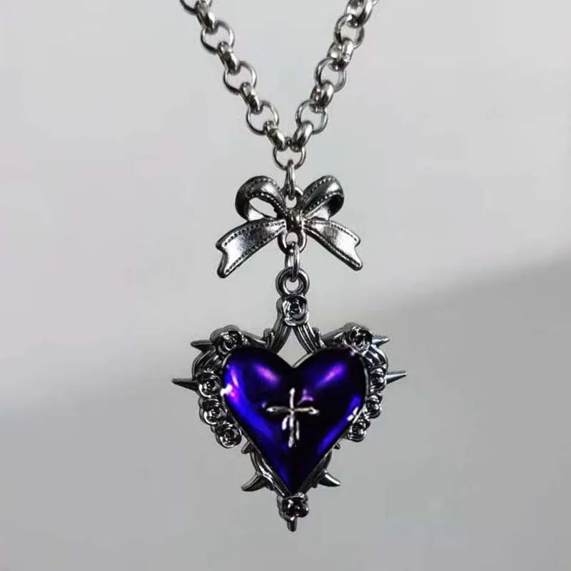 Bow Heart Pendant Necklace for Women Girls Gothic Red Drip Oil Thorn Cross Choker Necklaces Party Jewelry Accessories