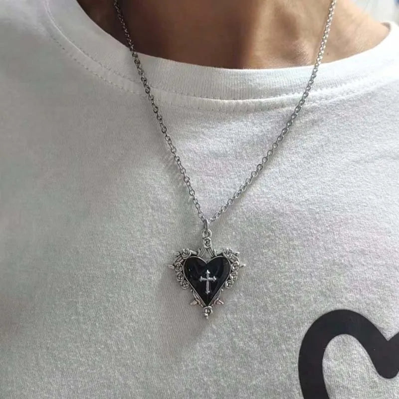 Bow Heart Pendant Necklace for Women Girls Gothic Red Drip Oil Thorn Cross Choker Necklaces Party Jewelry Accessories