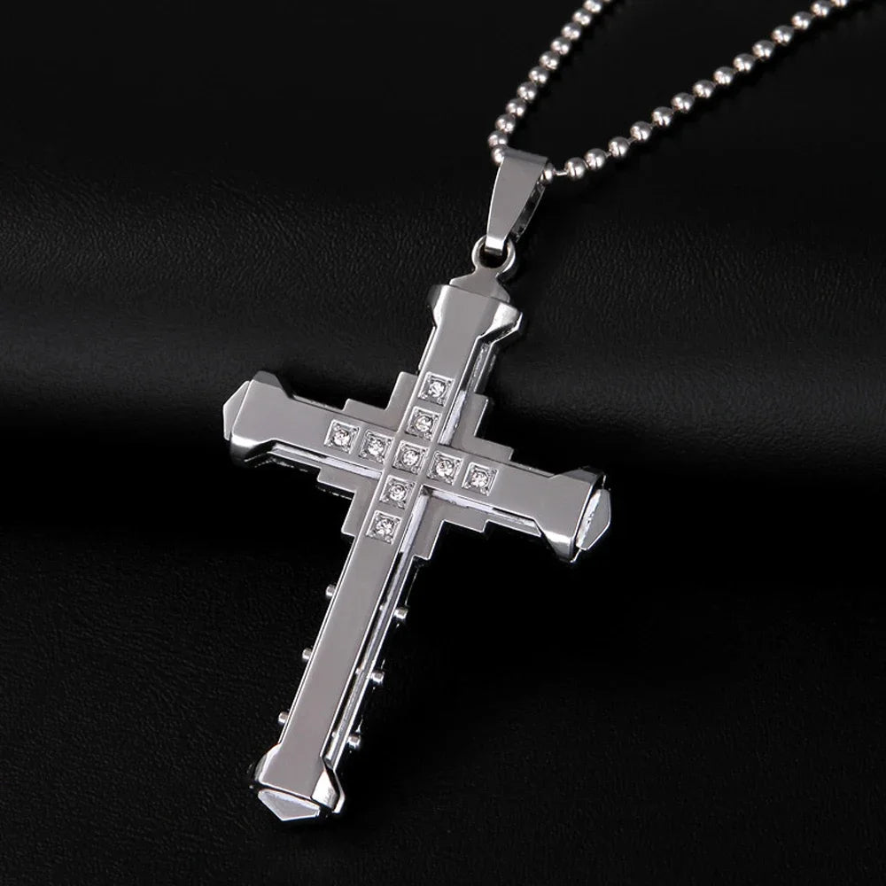 New Male Crystal Cross Jesus Pendant Gold/Black/Blue Color Zirconia Cross Pendant Necklace Stainless Steel Jewelry
