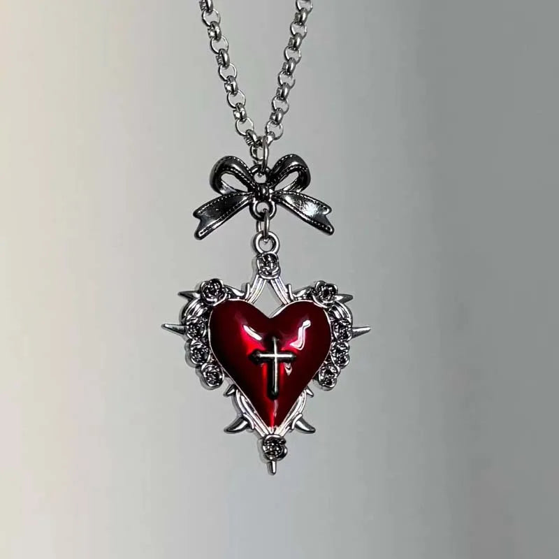Bow Heart Pendant Necklace for Women Girls Gothic Red Drip Oil Thorn Cross Choker Necklaces Party Jewelry Accessories