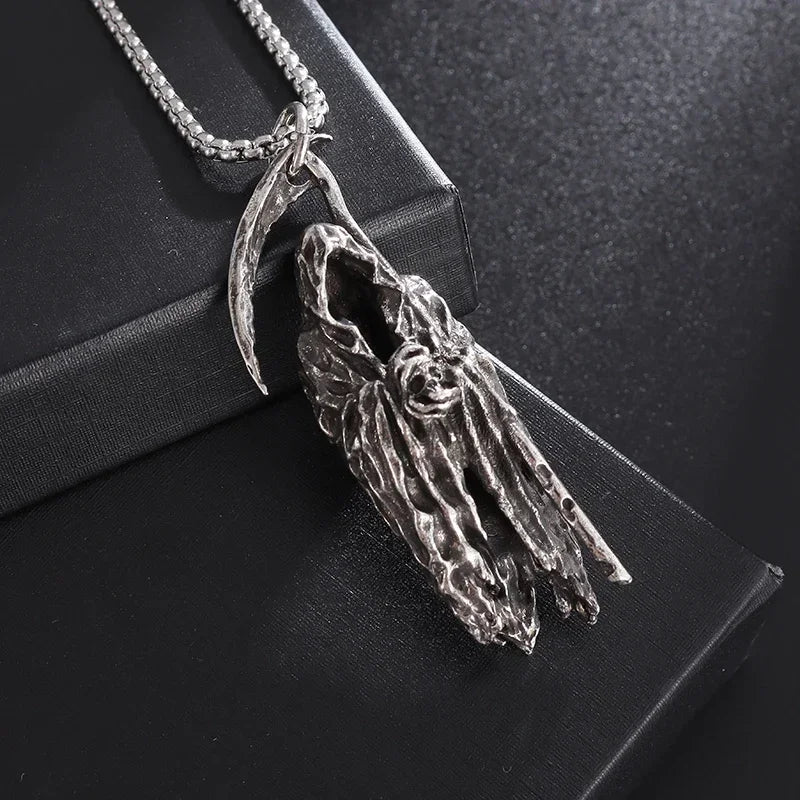 Gothic Vintage Reaper\\\\'s Scythe Necklace Life Ghost Devil Pendant Men\\\\'s Personality Halloween Trend Charm Jewelry Gift
