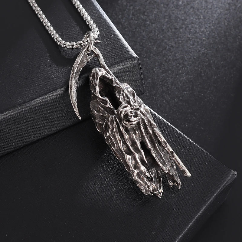 Gothic Vintage Reaper\\\\'s Scythe Necklace Life Ghost Devil Pendant Men\\\\'s Personality Halloween Trend Charm Jewelry Gift