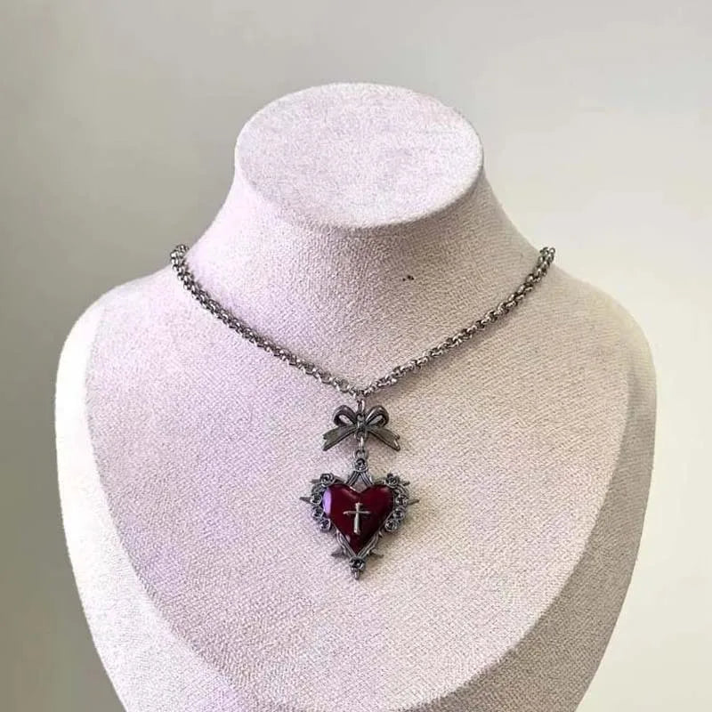 Bow Heart Pendant Necklace for Women Girls Gothic Red Drip Oil Thorn Cross Choker Necklaces Party Jewelry Accessories