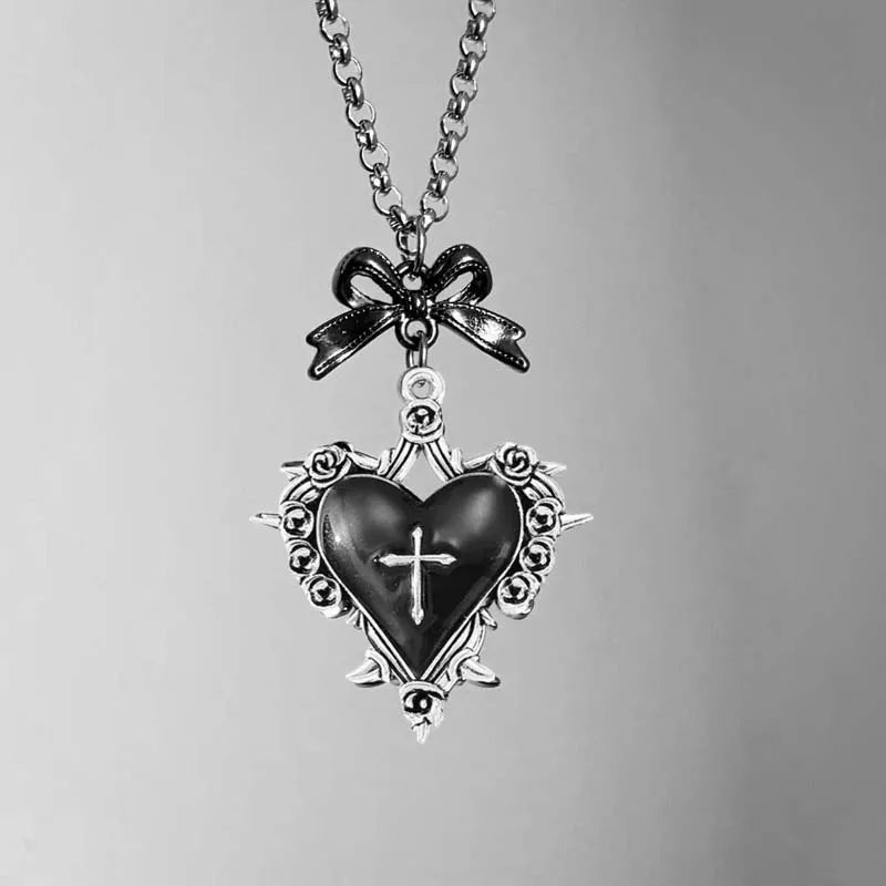 Bow Heart Pendant Necklace for Women Girls Gothic Red Drip Oil Thorn Cross Choker Necklaces Party Jewelry Accessories