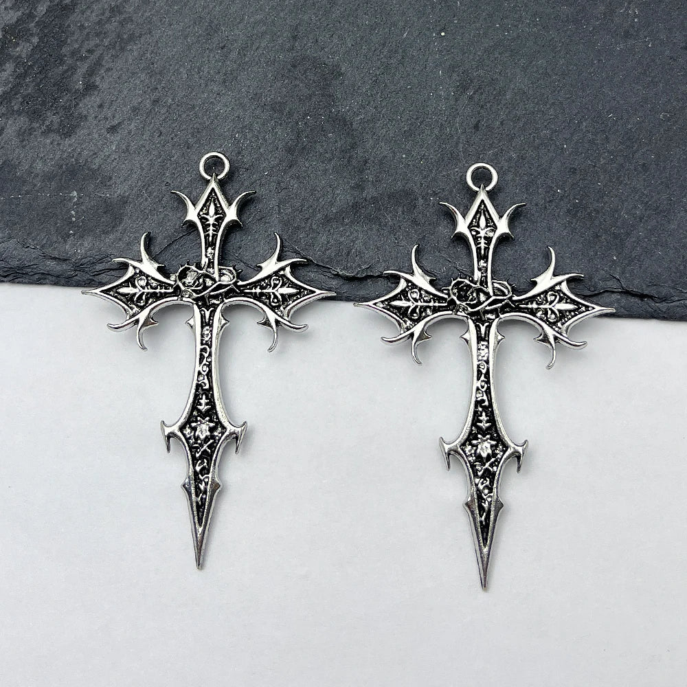 2pcs New Gothic Punk Double Sided Cross Pendant Vintage Ethnic Pattern Alloy Exaggerated Statement Necklace for Women Men