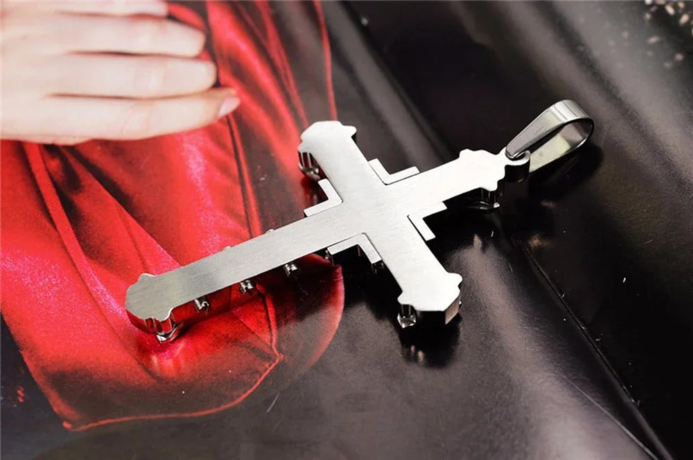 New Male Crystal Cross Jesus Pendant Gold/Black/Blue Color Zirconia Cross Pendant Necklace Stainless Steel Jewelry