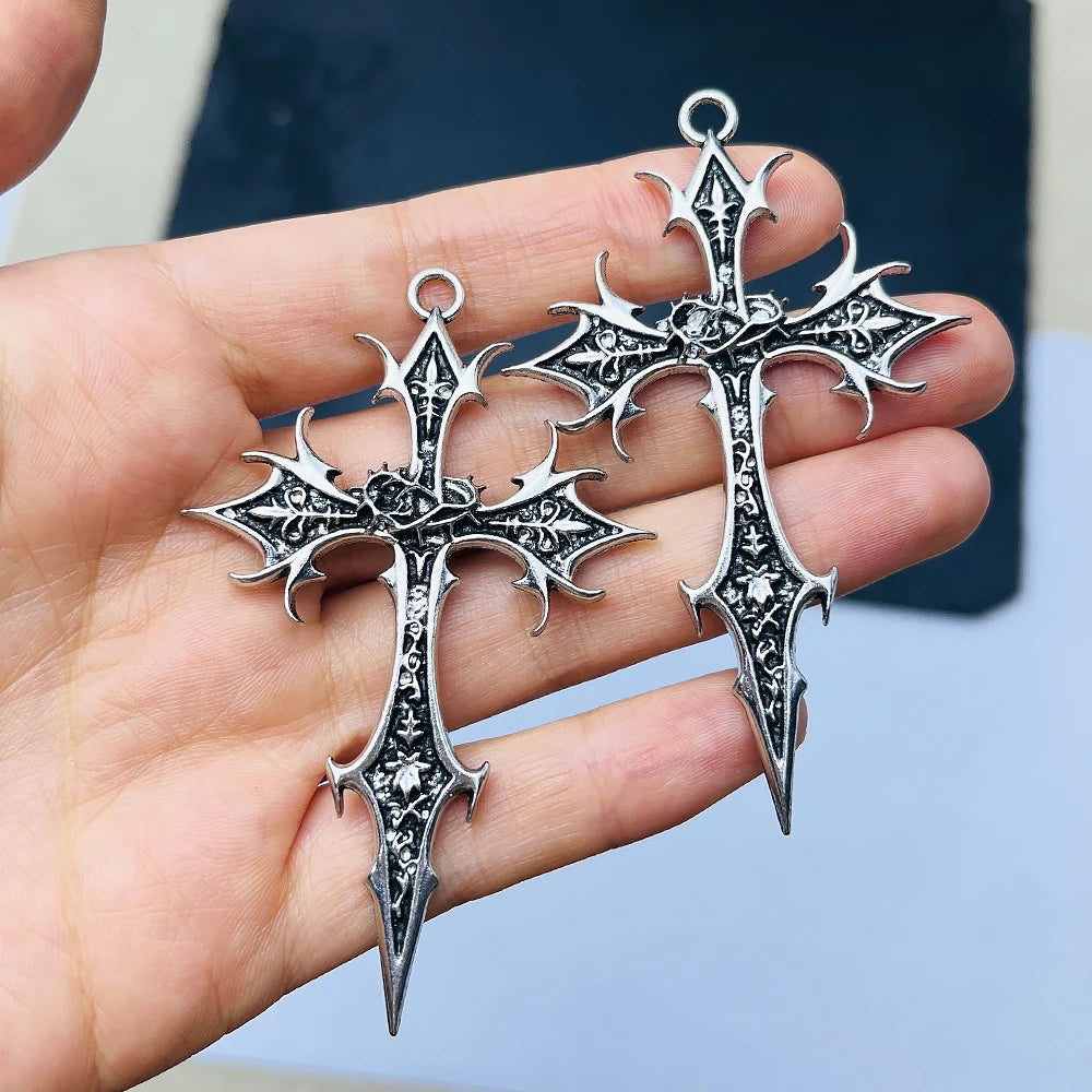 2pcs New Gothic Punk Double Sided Cross Pendant Vintage Ethnic Pattern Alloy Exaggerated Statement Necklace for Women Men