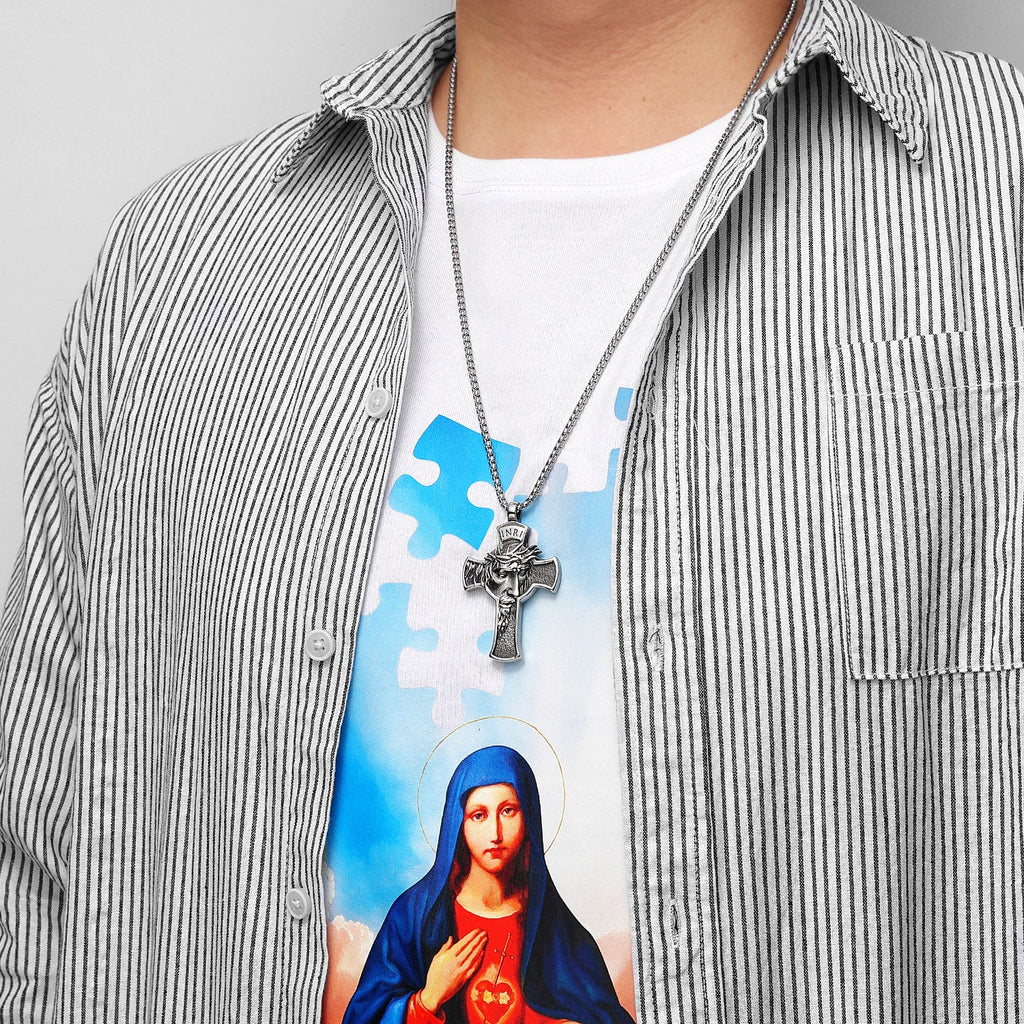 INRI Jesus Cross Religon Amulet Stainless Steel Men Women Necklaces Pendants Chain Punk Trendy Jewelry Creativity Gift Wholesale