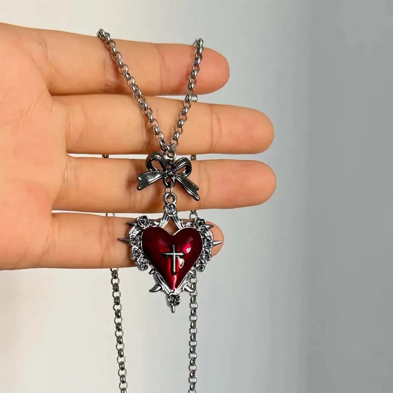 Bow Heart Pendant Necklace for Women Girls Gothic Red Drip Oil Thorn Cross Choker Necklaces Party Jewelry Accessories