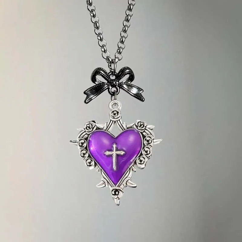 Bow Heart Pendant Necklace for Women Girls Gothic Red Drip Oil Thorn Cross Choker Necklaces Party Jewelry Accessories
