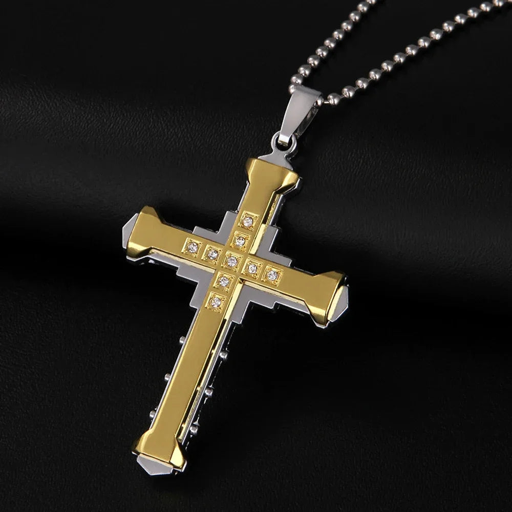 New Male Crystal Cross Jesus Pendant Gold/Black/Blue Color Zirconia Cross Pendant Necklace Stainless Steel Jewelry
