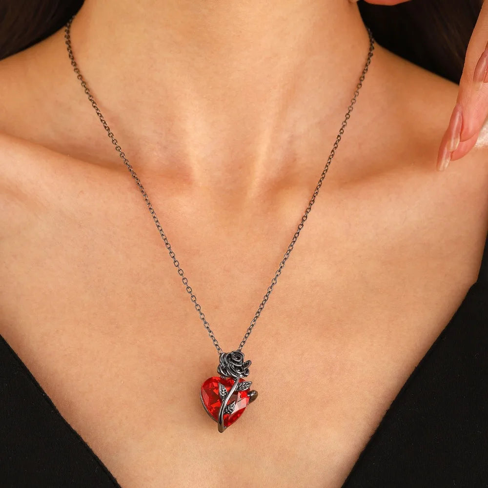 Gothic Rose Red Love Necklace Women's Y2K Jewelry Silver Color Tonebloody Human Heart Pendant Jewelry Personalized Gifts