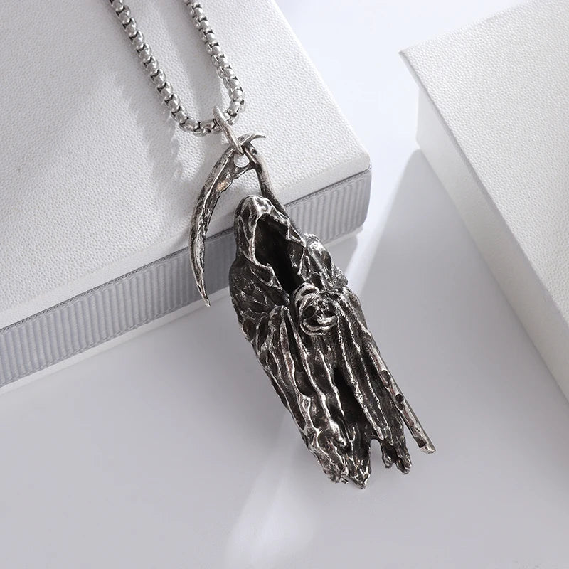 Gothic Vintage Reaper\\\\'s Scythe Necklace Life Ghost Devil Pendant Men\\\\'s Personality Halloween Trend Charm Jewelry Gift