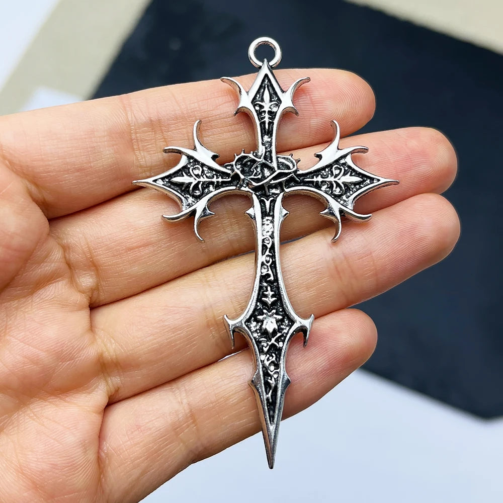 2pcs New Gothic Punk Double Sided Cross Pendant Vintage Ethnic Pattern Alloy Exaggerated Statement Necklace for Women Men
