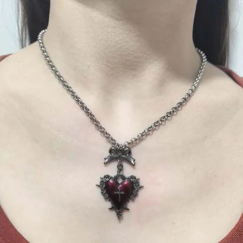 Bow Heart Pendant Necklace for Women Girls Gothic Red Drip Oil Thorn Cross Choker Necklaces Party Jewelry Accessories