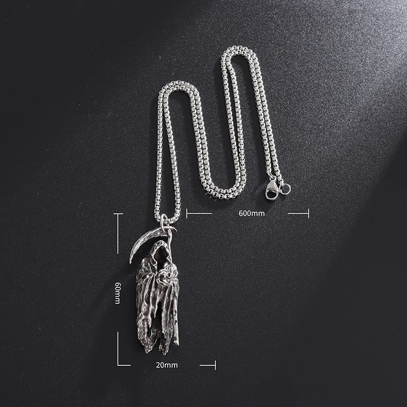Gothic Vintage Reaper\\\\'s Scythe Necklace Life Ghost Devil Pendant Men\\\\'s Personality Halloween Trend Charm Jewelry Gift