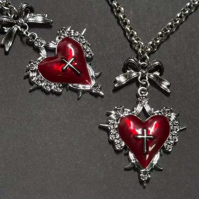 Bow Heart Pendant Necklace for Women Girls Gothic Red Drip Oil Thorn Cross Choker Necklaces Party Jewelry Accessories