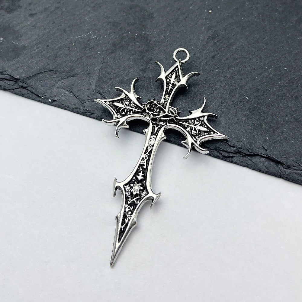 2pcs New Gothic Punk Double Sided Cross Pendant Vintage Ethnic Pattern Alloy Exaggerated Statement Necklace for Women Men