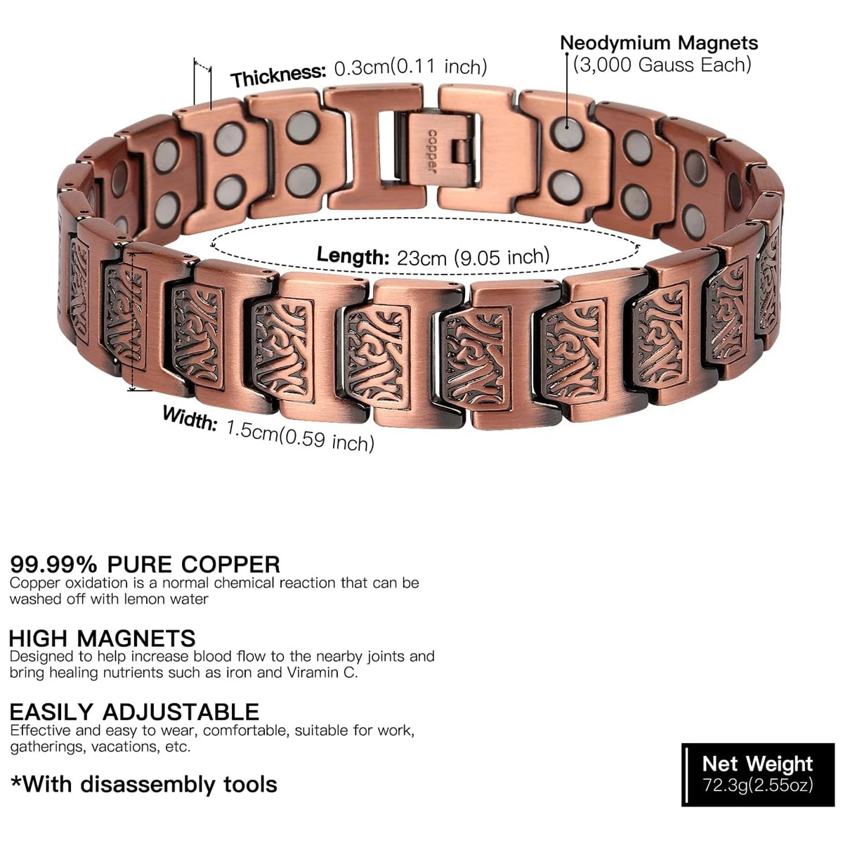 Copper Bracelet for Men 100% Pure Copper Magnetic Link Bracelets Jewelry Gift with Adjustable Sizing Tool