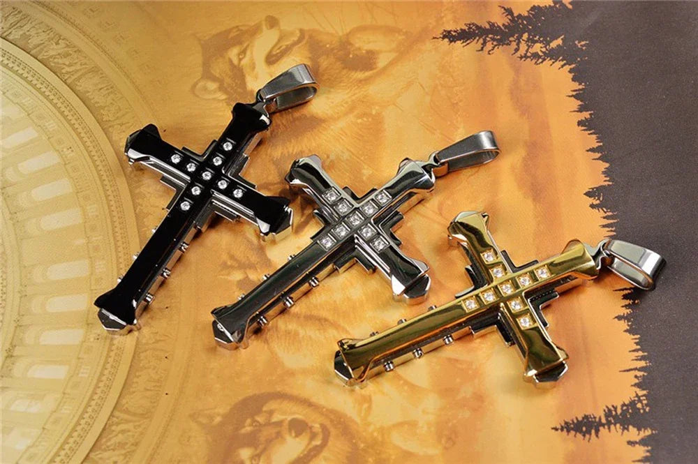 New Male Crystal Cross Jesus Pendant Gold/Black/Blue Color Zirconia Cross Pendant Necklace Stainless Steel Jewelry